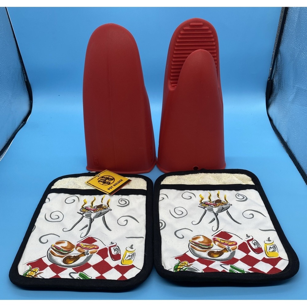 2 Jumbo Pot Holders with Terry Pocket (8" x 10") Bar Pair Of Orka BBQ/Oven Mitts